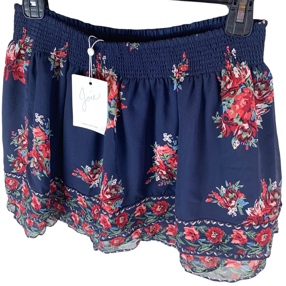 Joie Silk Tiered Turnley Skirt Elastic Waist Navy Blue Floral Small NEW - Picture 4 of 9